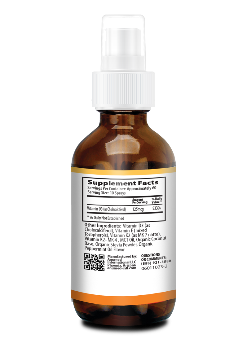 Vitamin D3 + K2 5,000 IU Liquid SPRAY + Organic MCT Oil, Vitamin A (Retinol) 1250mcg, K2 (MK4,MK7). Promotes Heart, Bones, Immune System. 100% Vegan, Non-GMO, Gluten-Free, No Sugar Added (2oz)