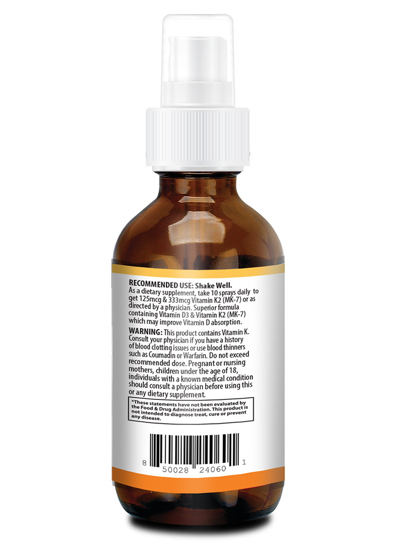 Vitamin D3 + K2 5,000 IU Liquid SPRAY + Organic MCT Oil, Vitamin A (Retinol) 1250mcg, K2 (MK4,MK7). Promotes Heart, Bones, Immune System. 100% Vegan, Non-GMO, Gluten-Free, No Sugar Added (2oz)