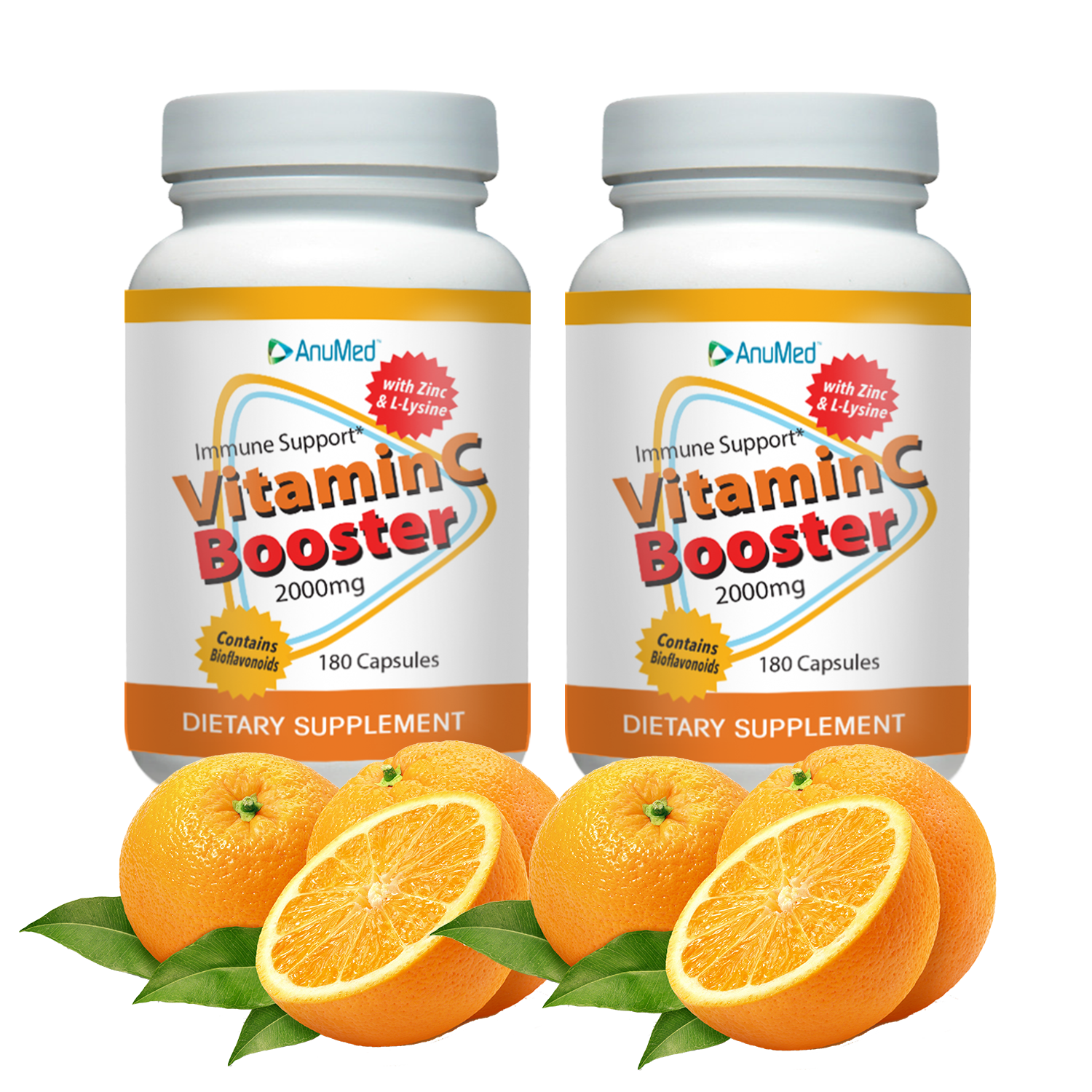 2 Pack - Premium Vitamin C Booster - 2000mg (180 Capsules), Zinc, L-Lysine, Bioflavonoids | Best Protection from Cold, Flu,Virus | Gluten-Free| Non-GMO | Vegan-Friendly