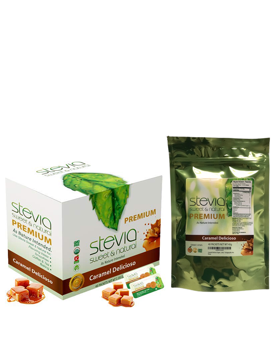 Caramel Delicioso Organic Caramel Stevia Powder in Packets. 100% Natural Sweetener, 100% Pure Extract, Zero Calorie, 0 Carbs, Diabetic & Keto Friendly