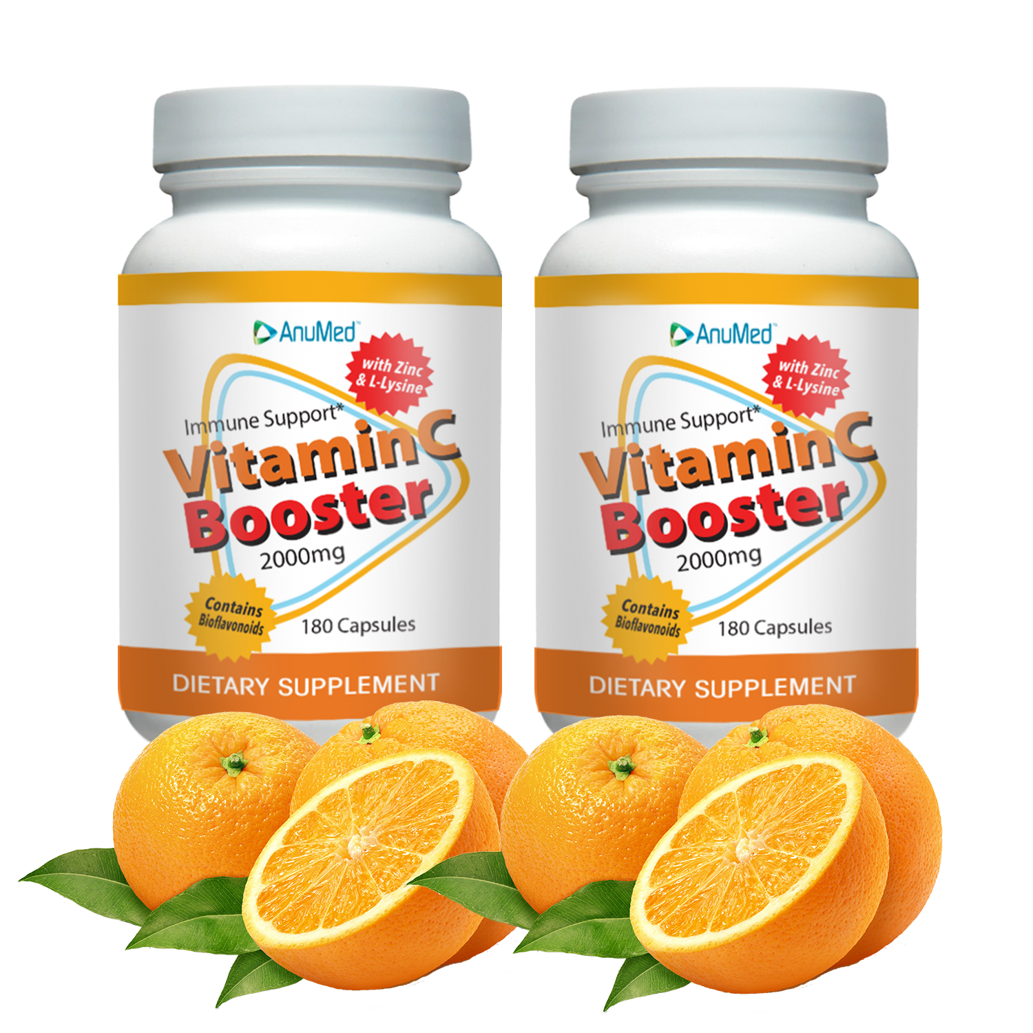 2 Pack -  Premium Vitamin C Booster - 2000mg (180 Capsules),  Zinc, L-Lysine, Bioflavonoids | Best Protection from Cold, Flu,Virus | Gluten-Free| Non-GMO | Vegan-Friendly