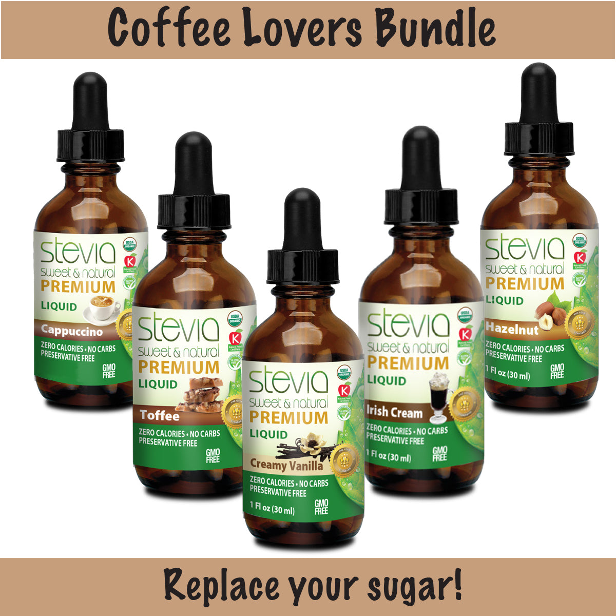 Coffee Lovers Bundle 20% OFF SALE - 5 Pack - Premium Stevia Drops - Natural Sugar Substitute - Sweet Gift Idea