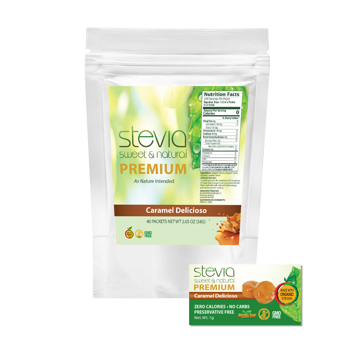 CARAMEL PREMIUM QUALITY STEVIA POWER - 40 PACKETS  | NATURAL | SWEET | ORGANIC  STEVIA LEAF SWEETENER | BEST SUGAR SUBSTITUTE | 100% PURE EXTRACT | ALL NATURALLY SWEET | NON BITTER, 0 CALORIE, NON-GMO, DIABETIC & KETO FRIENDLY