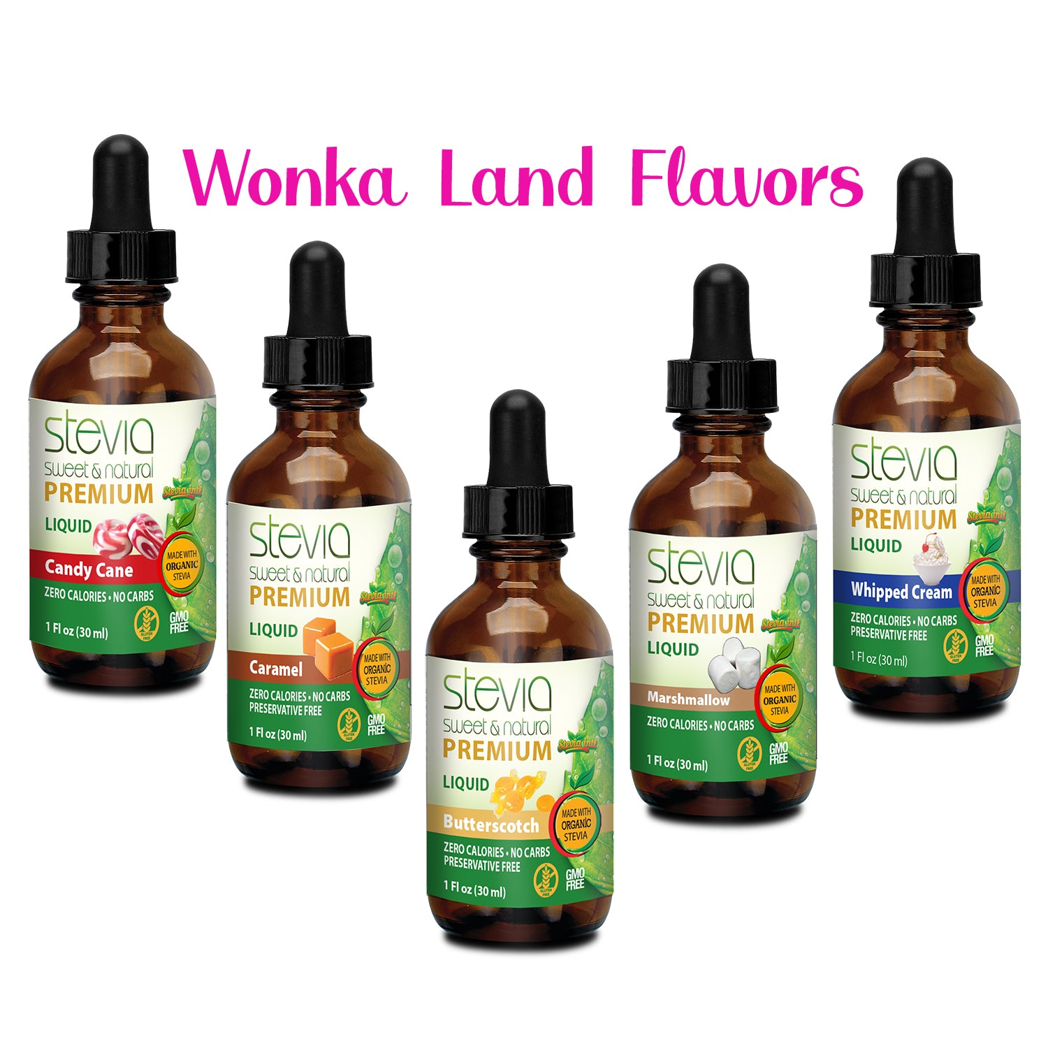 5 Pack Bundle Special Wonka Land Premium Stevia - Candy Cane, Caramel, Butterscotch, Marshmallow, Whipped Cream